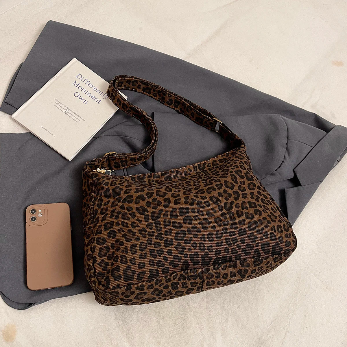 Leopard Print Crossbody Bag – Large Capacity Retro Soft Textile Shoulder Bag for Women