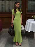 Tossy Knit Hollow Out Lace-Up Dress – Ribbed Short Sleeve Patchwork High Waist Elegant Long Dress