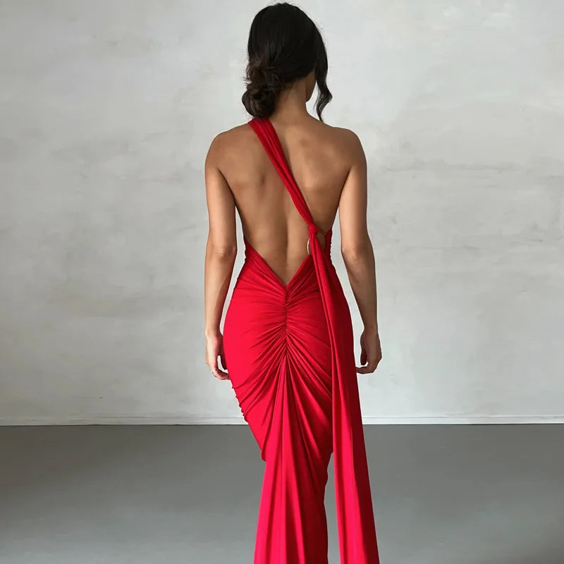 Backless Ruched Slim Bodycon Maxi Dress — Elegant Formal Wedding Guest Evening Dress