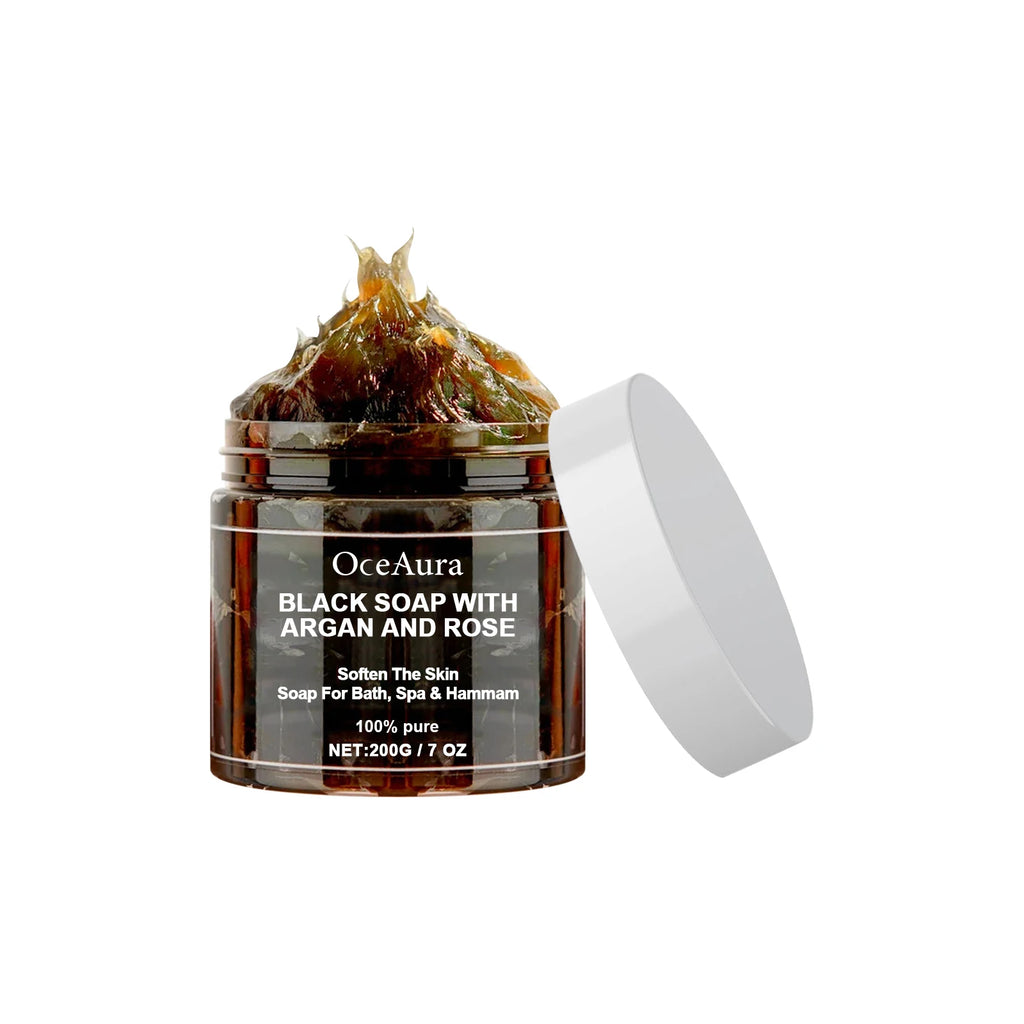 OceAura Black Soap with Argan & Rose – Beldi Dead Skin Remover, Body Scrub & Deep Cleansing, 200g