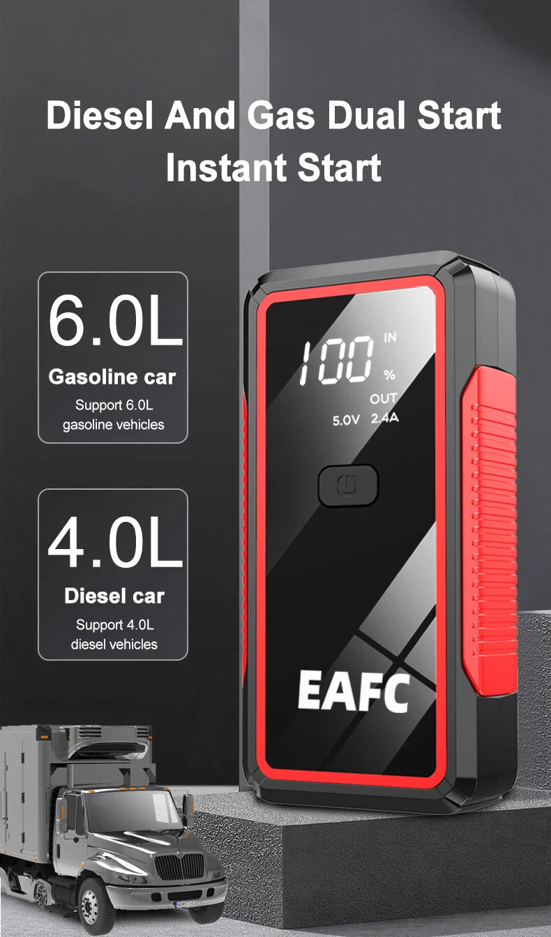 EAFC Portable Car Jump Starter — 600A–2000A Peak, 12V Battery Booster & Power Bank with LED Light