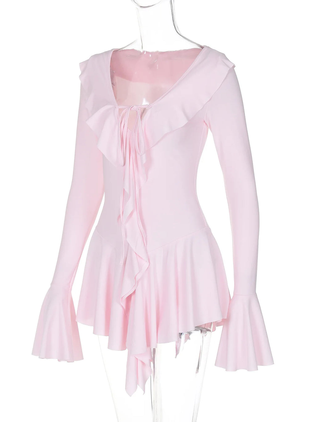 Deep V-Neck Flared Sleeve Ruffled Lace Pleated Mini Dress — Elegant Short Fashion Dress