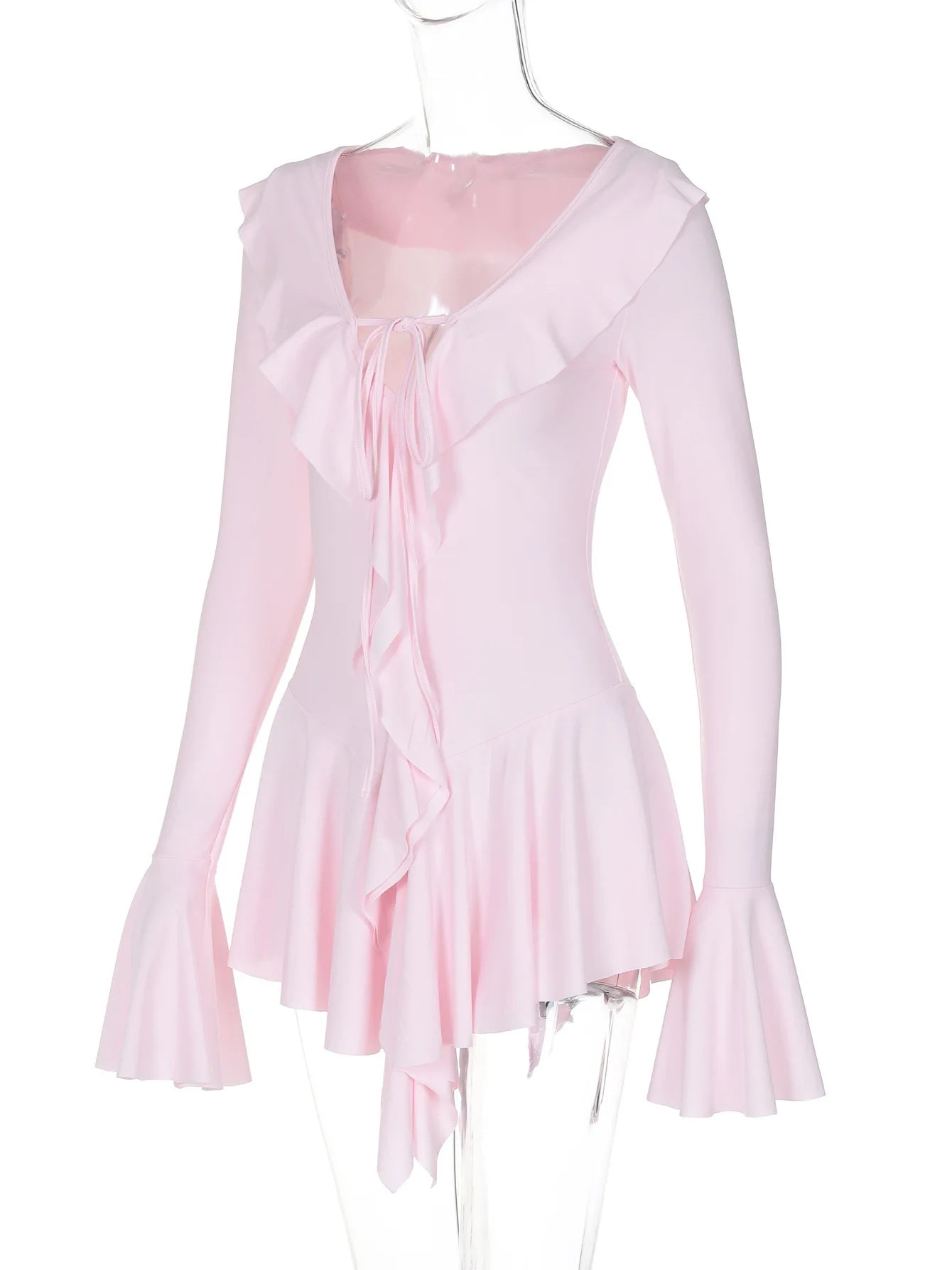 Deep V-Neck Flared Sleeve Ruffled Lace Pleated Mini Dress — Elegant Short Fashion Dress
