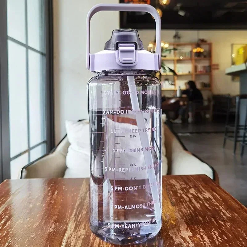 2L Large Capacity Motivational Water Bottle with Straw & Time Marker – BPA-Free Portable Fitness Bottle