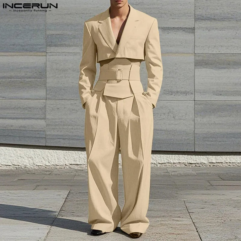 Men's Cropped Waistband Wide Leg Pants & Top Solid 2-Piece Set S–5XL – Handsome Casual Suit