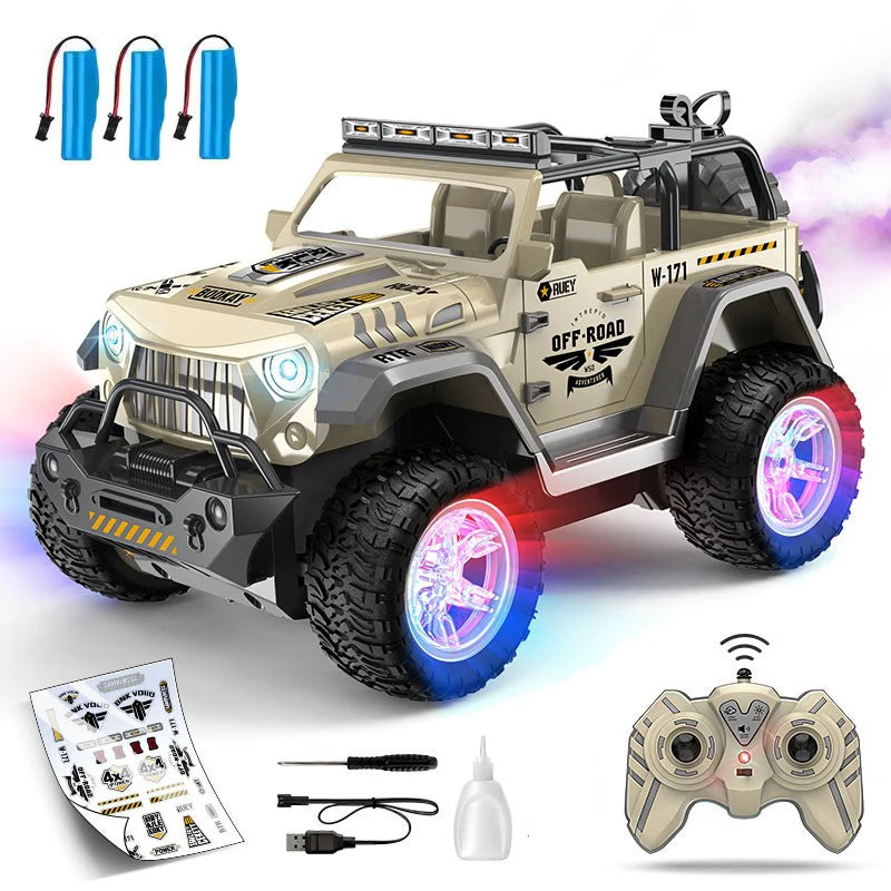 A beige remote-controlled off-road jeep toy with large black tires, LED wheel lights, roof lights, and accessories including a remote control, battery chargers, decals, a USB cable, and a glue bottle on a white background with soft purple and blue glow effects