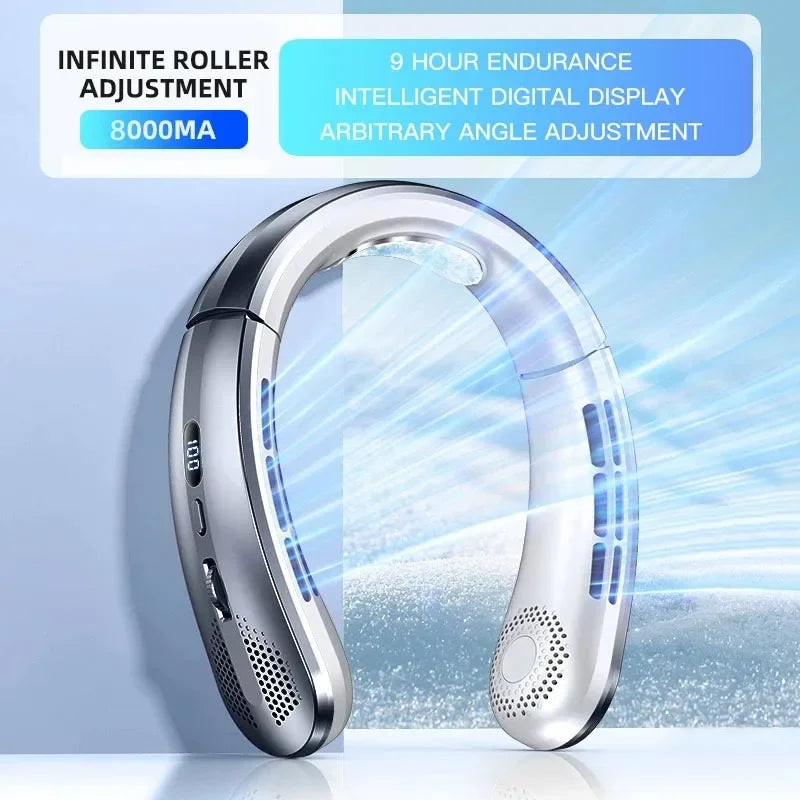 Lenovo 8000mAh Bladeless Neckband Fan — Digital Display USB Rechargeable Portable Neck Air Cooler