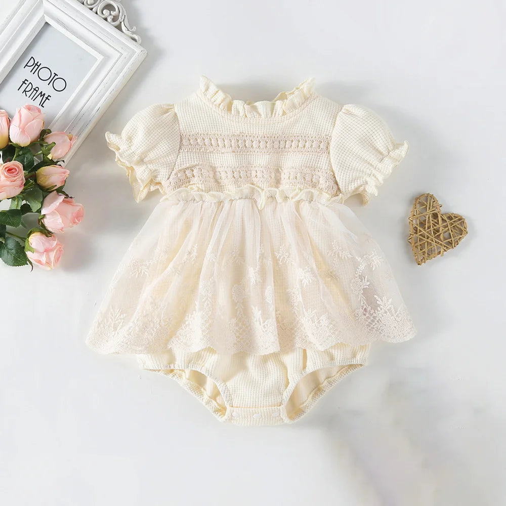 Baby Girl Tutu Skirt Bodysuit — Waffle Lace One-Piece Party Outfit for Toddlers