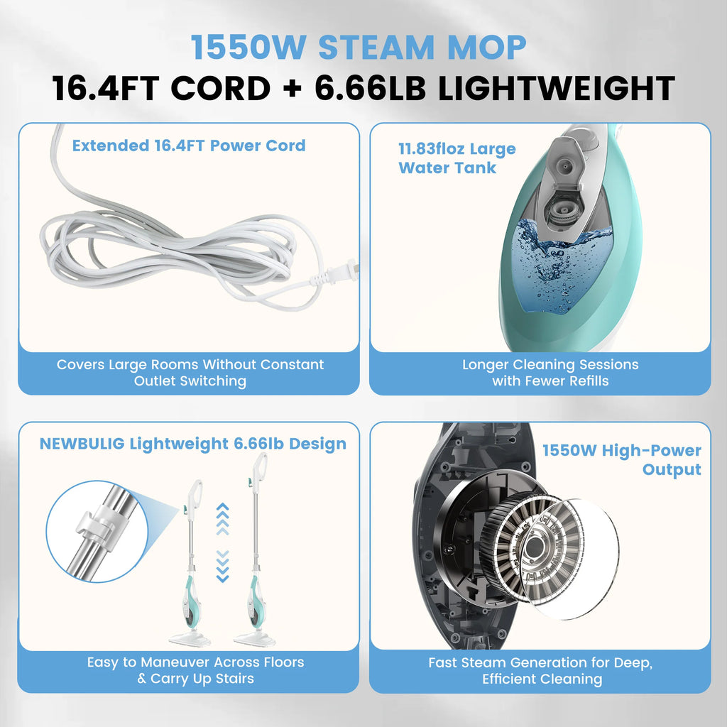 JHK 10-in-1 Steam Mop — 1550W Detachable Handheld Steam Cleaner, 16FT Cord, 2 Washable Pads for Floors & Multi-Surface