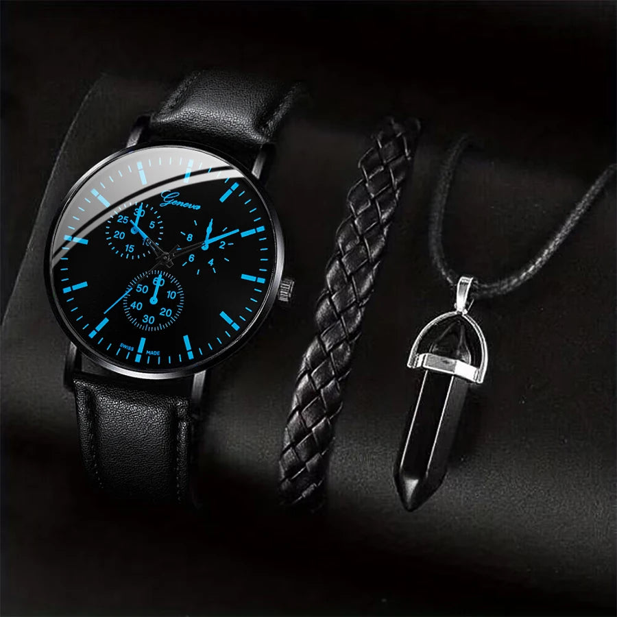 Men's 3-Piece Business Watch Set | Leather Band Quartz Watch + Necklace + Bracelet Gift Set