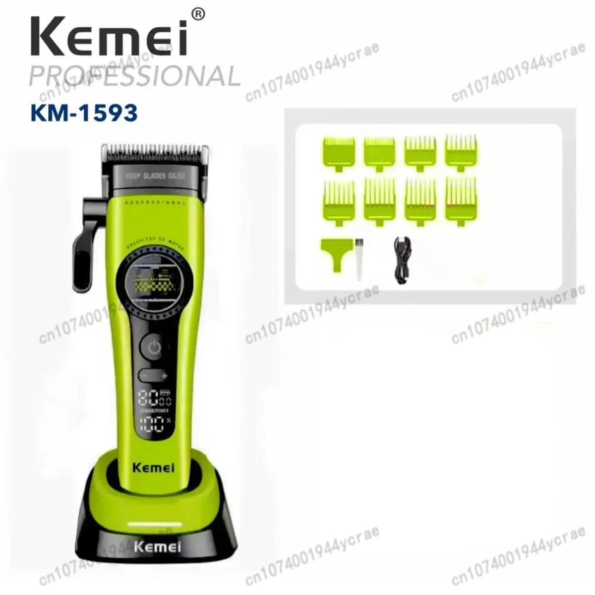 Kemei KM-1593 / KM-1595 Brushless Hair Clipper – DLC Blade, 8000 RPM, 200-Min Runtime, USB-C