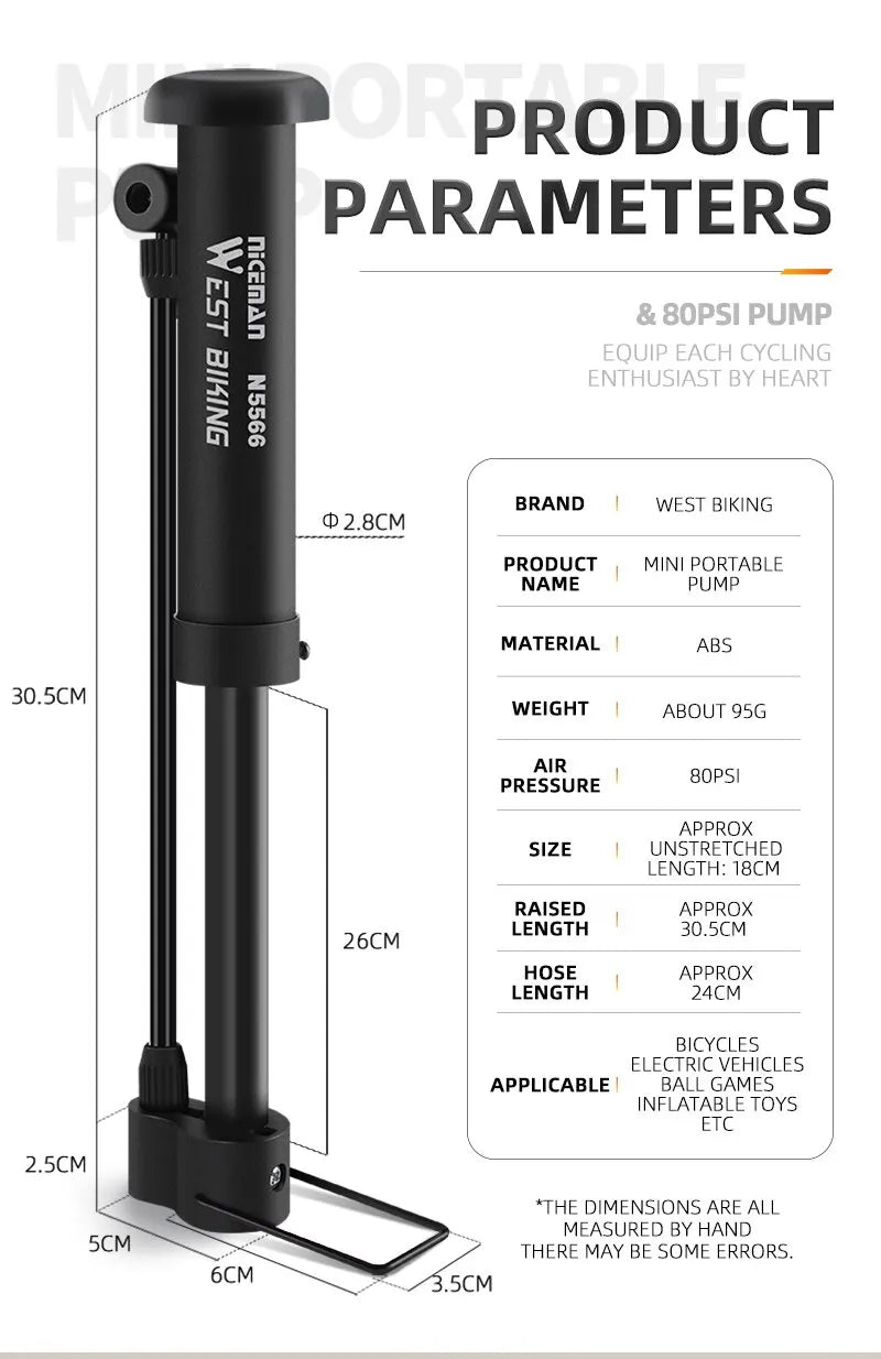 WEST BIKING Manual Bike Tire Pump for Schrader Valves
