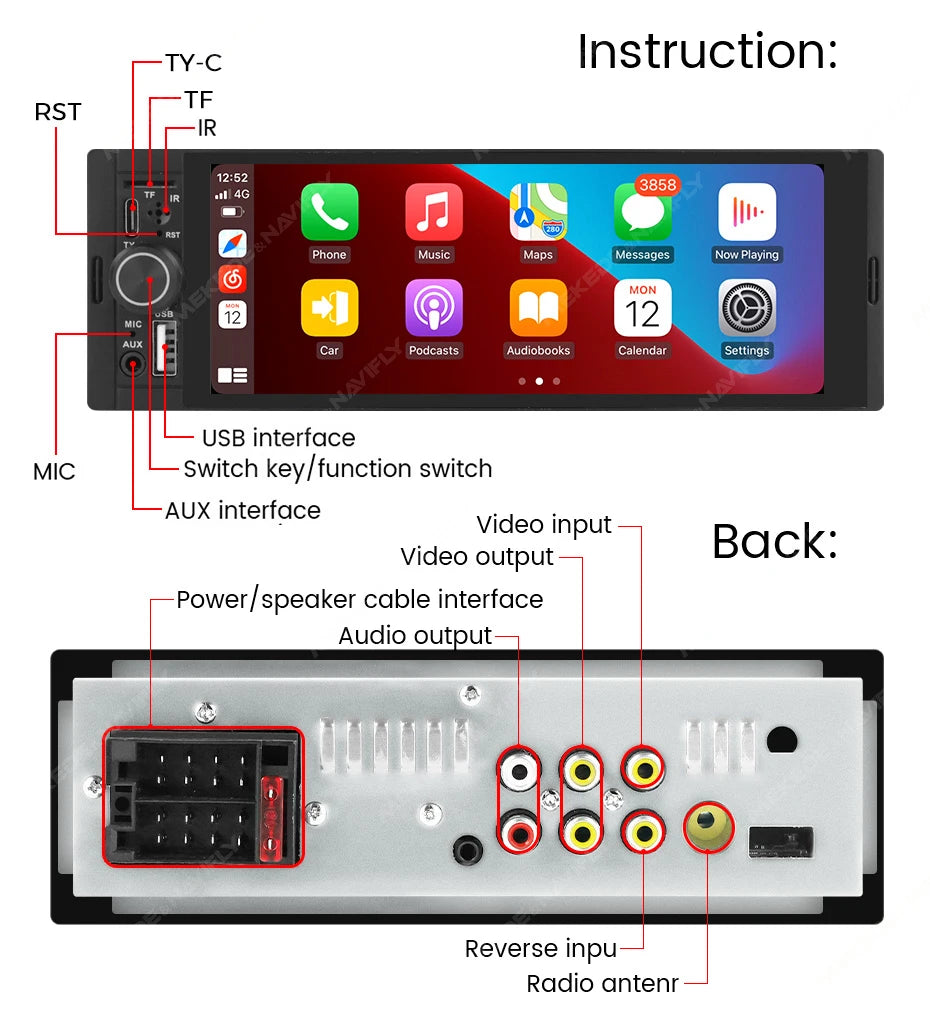 1-DIN 6.86" Car Radio MP5 Player – Wireless CarPlay & Android Auto, FM, Bluetooth, TF, AUX | Universal Fit