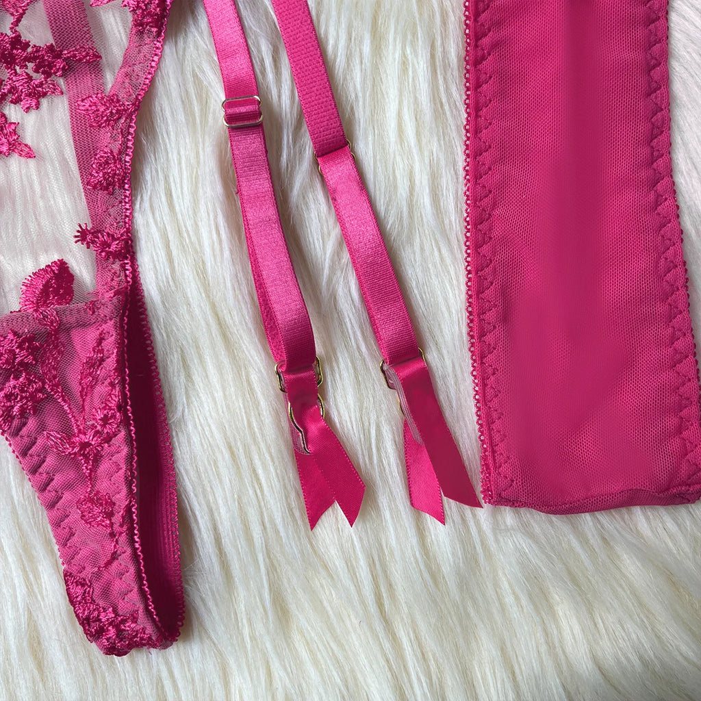 Sheer Embroidery Bra & Brief Set — Transparent Lace Underwear Suit