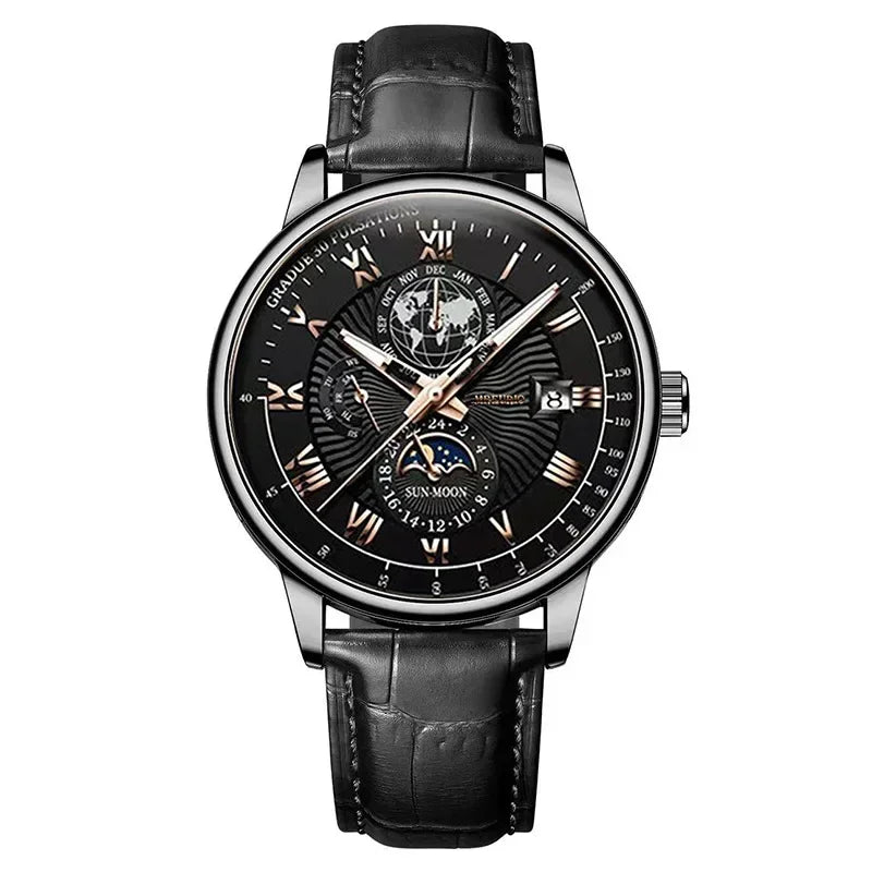 Men's Moon Phase Chronograph Quartz Watch | Luminous Leather Strap Luxury Sport Wristwatch