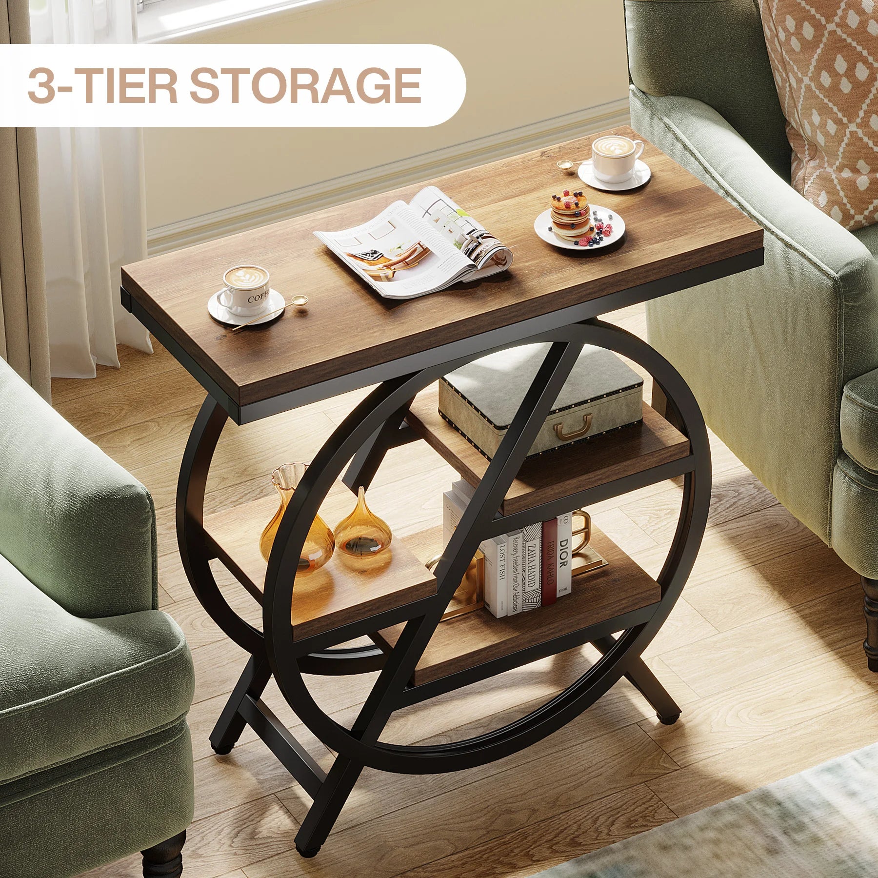 Tribesigns 3-Tier Narrow Side Table — Wood & Geometric Metal Frame