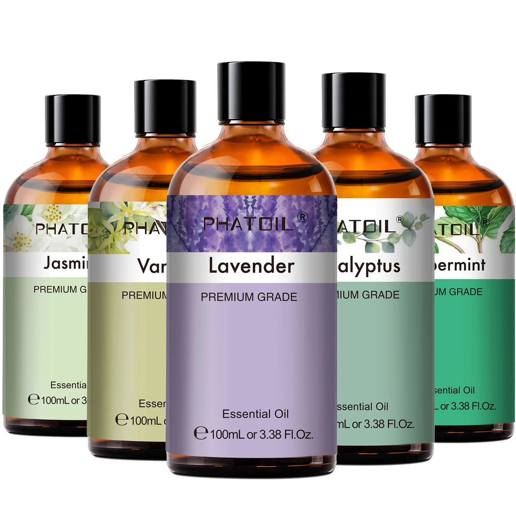 PHATOIL Essential Oils 100ml — Eucalyptus, Lavender, Vanilla, Jasmine, Lemon & Bergamot for Aromatherapy & Candle Making