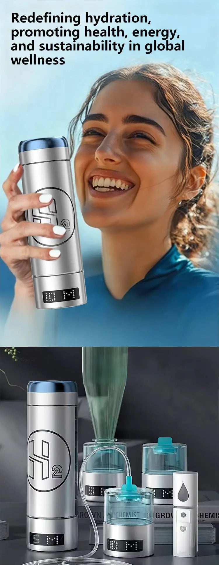Hydrogen Water Bottle Generator — 9000 PPB, 3-in-1 Portable Water Ionizer