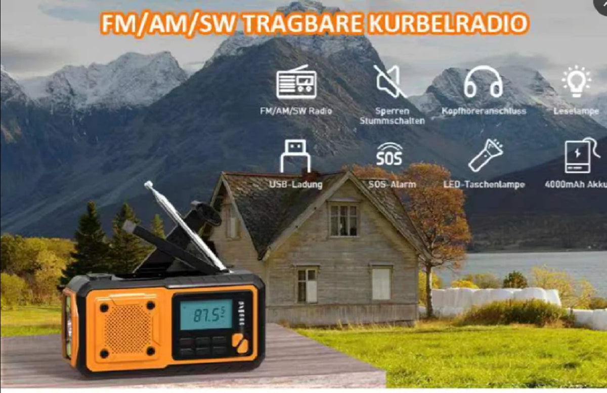 Emergency Hand Crank Solar Radio – 5000mAh AM/FM/NOAA Weather Alert, 4-Way Powered Digital Display