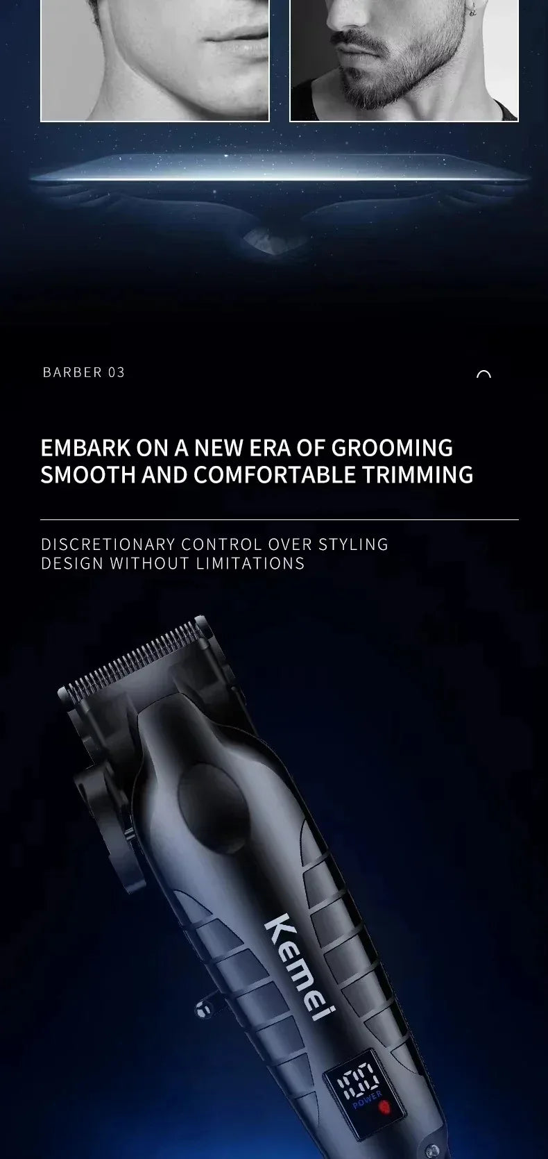Kemei Professional Hair Clipper & Beard Trimmer – LCD Display, Wet/Dry, USB Fast Charge