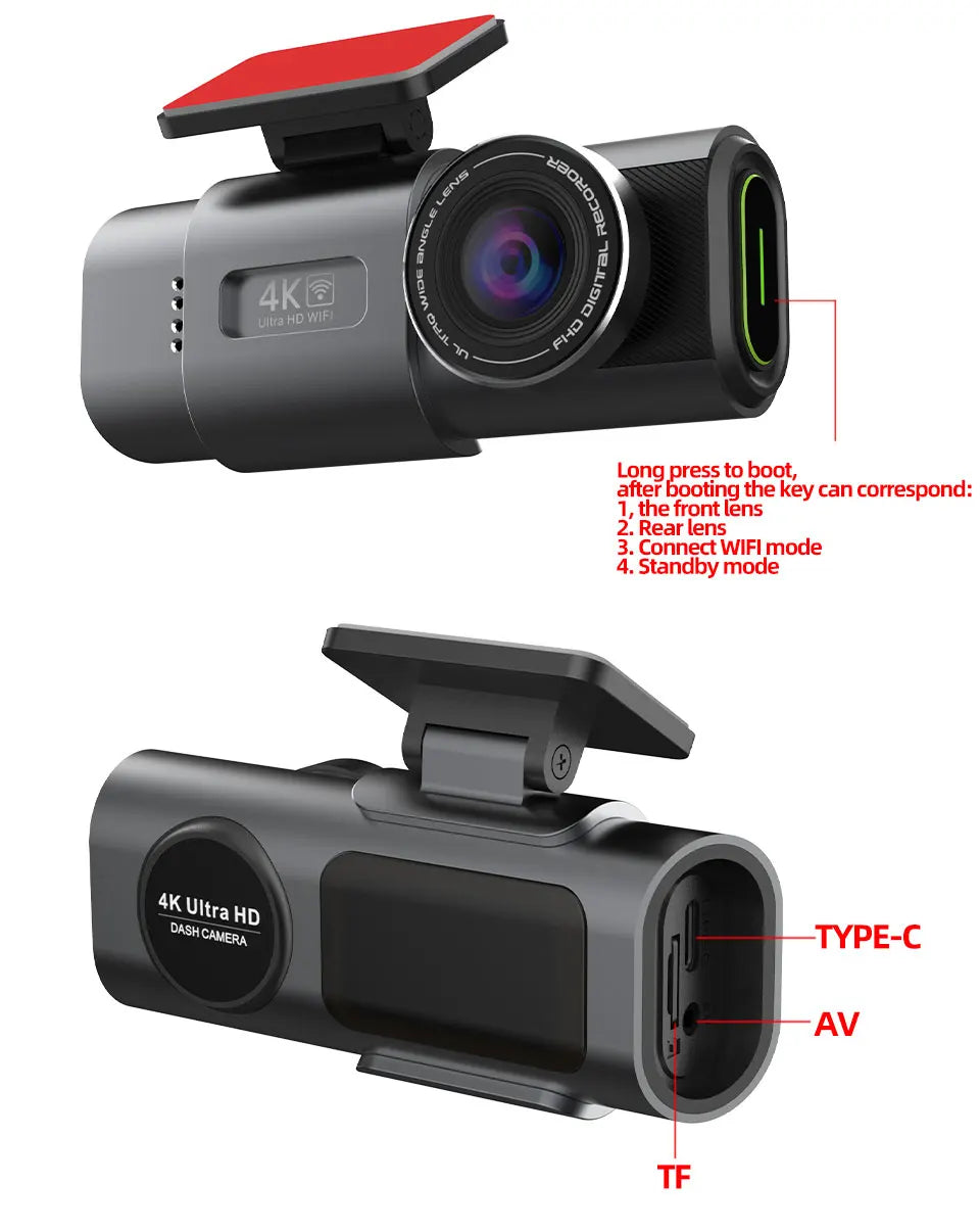Dash Cam 4K UHD — Night Vision, Wi-Fi, GPS, 24H Parking Monitor, Front & Rear