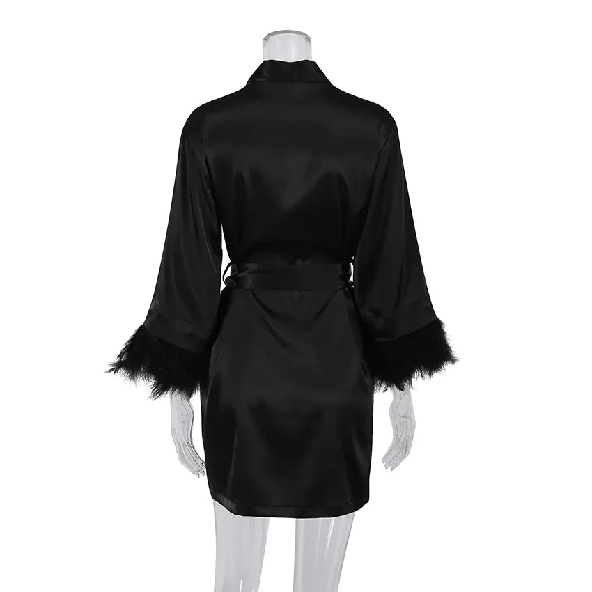 White Feather & Fur Trim Satin Robe | Bridal Nightgown Bathrobe for Women