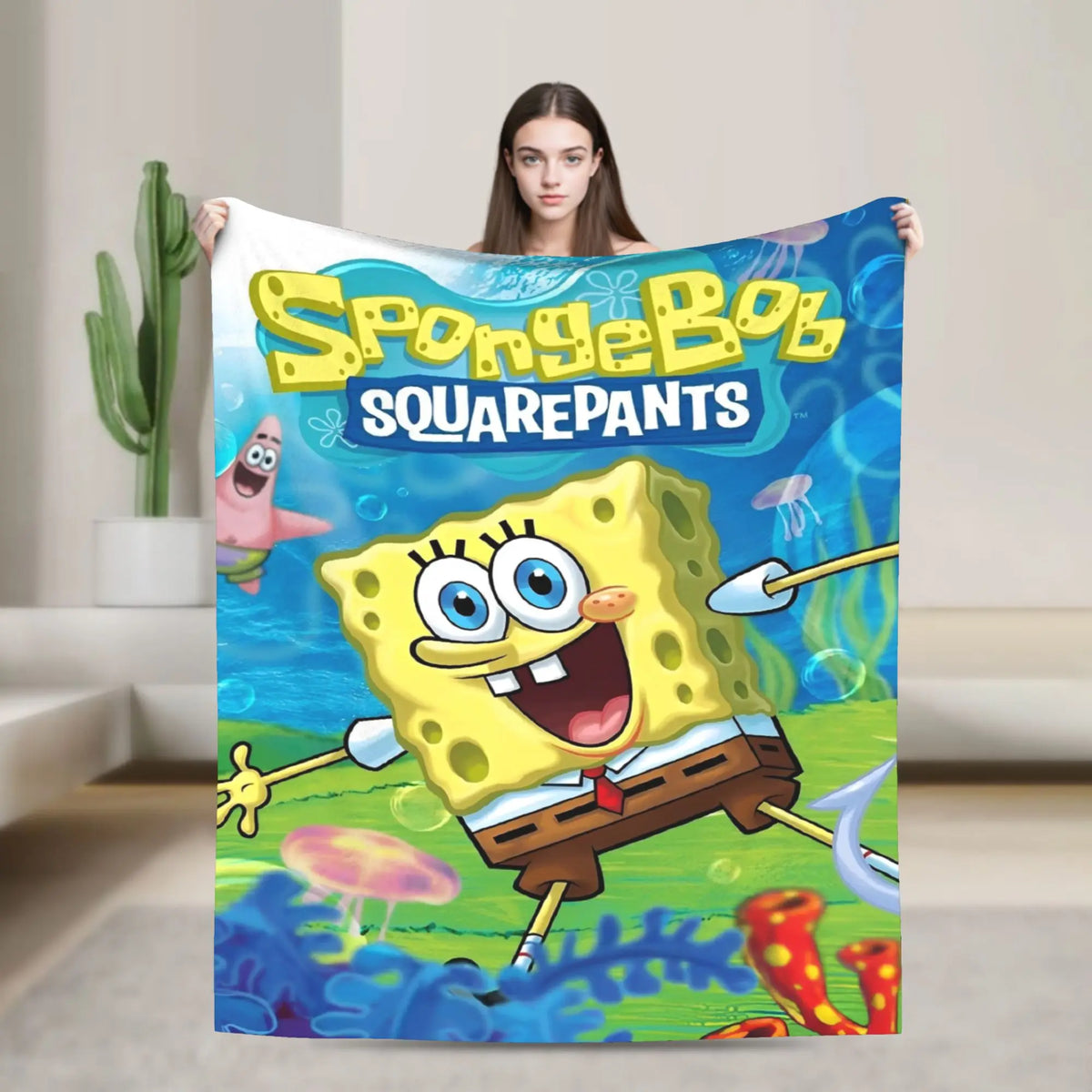 SpongeBob Flannel Throw Blanket – Soft Breathable Character Blanket for Bed, Lounge & Summer