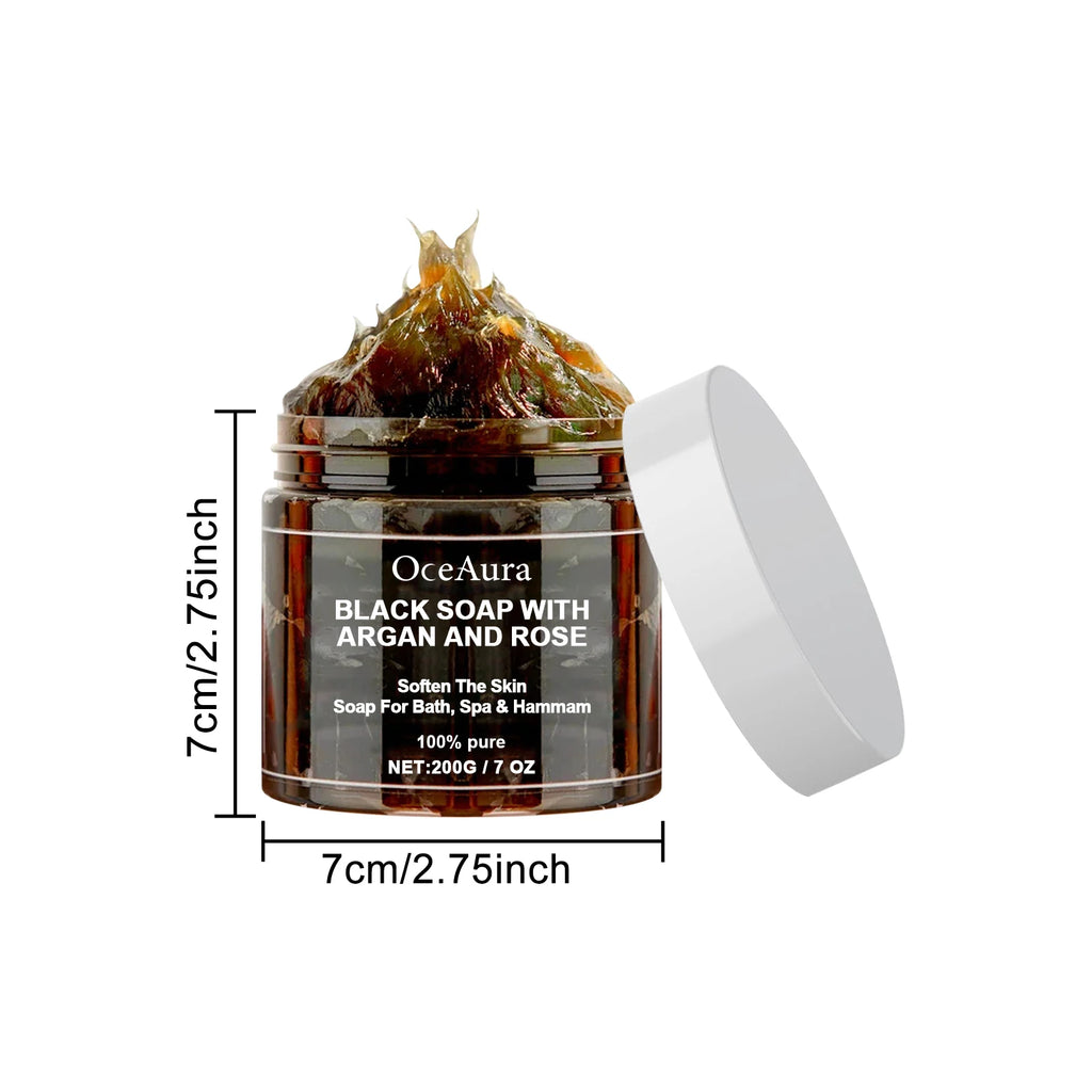 OceAura Black Soap with Argan & Rose – Beldi Dead Skin Remover, Body Scrub & Deep Cleansing, 200g