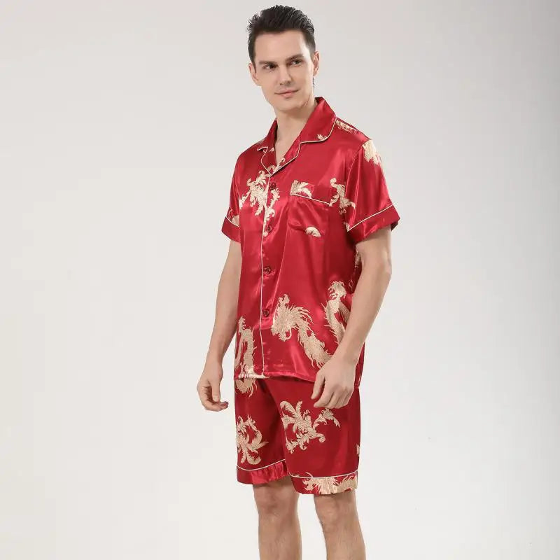 Men's Dragon Print Satin Pajama Set — Lapel Shirt & Shorts