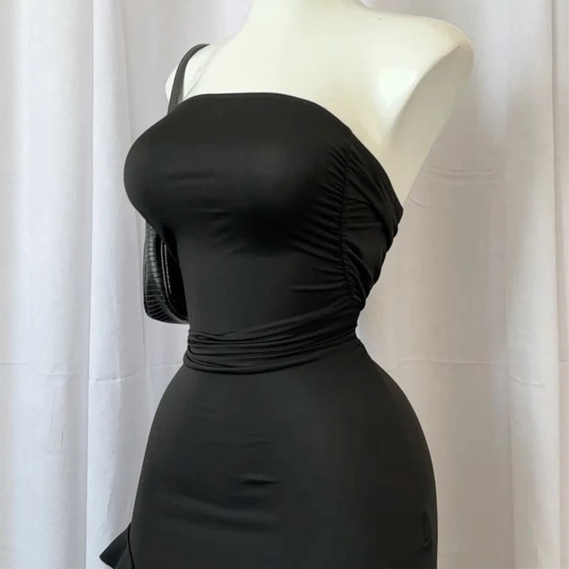 Women's Strapless Floral Fold High Slit Mini Dress – Backless Sleeveless Party Dress in Black & Pink