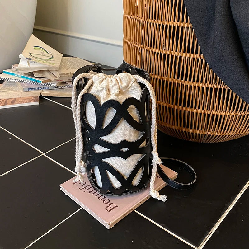 Brilliant Fish Hollow Out Drawstring Mini Bucket Crossbody Bag – Adjustable Strap Shoulder Bag for Women
