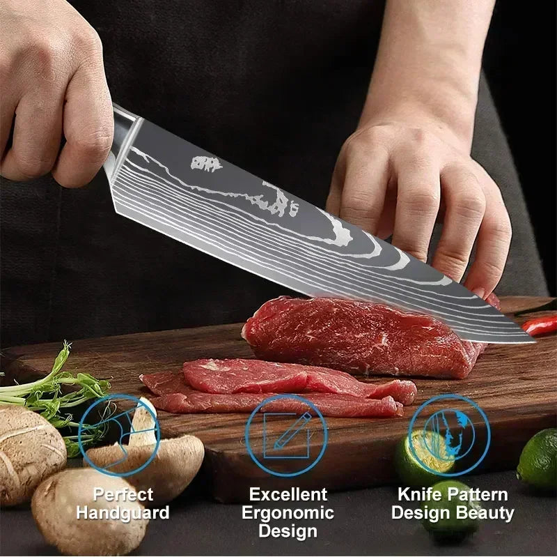 Damascus Kitchen Knife Set — Japanese Santoku, Cleaver, Slicing & Boning Knives