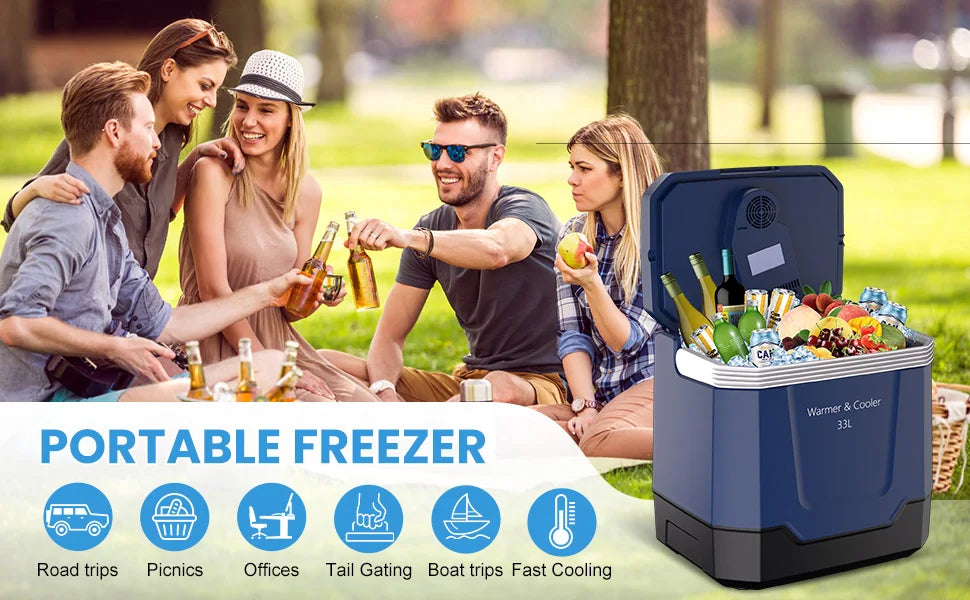 35QT Electric Cooler — Portable Car Refrigerator & Plug-In Cooler with 12V DC & AC Power, Locking Handle for Camping, Road Trips & Home Use