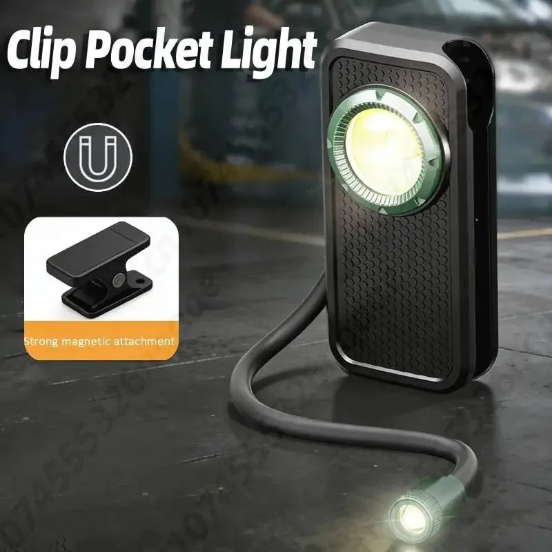 800 Lumen COB EDC Clip Flashlight – Gooseneck, Magnetic Back, LCD Display, Type-C for Work & Camping