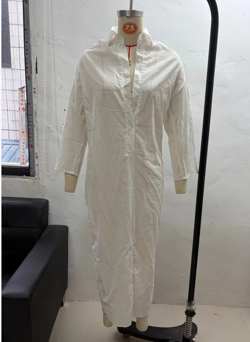 Women's Casual Long Sleeve Loose Maxi Dress – Solid Color Turn-Down Collar Beach & Elegant Dress