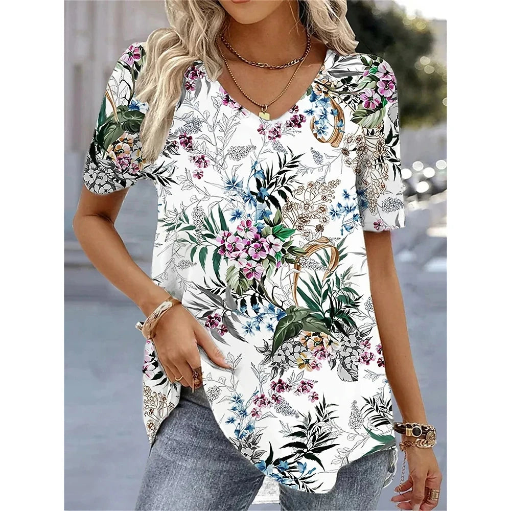 Women's 3D Flower Print V-Neck T-Shirt – Kawaii Oversized Summer Top & Blouse