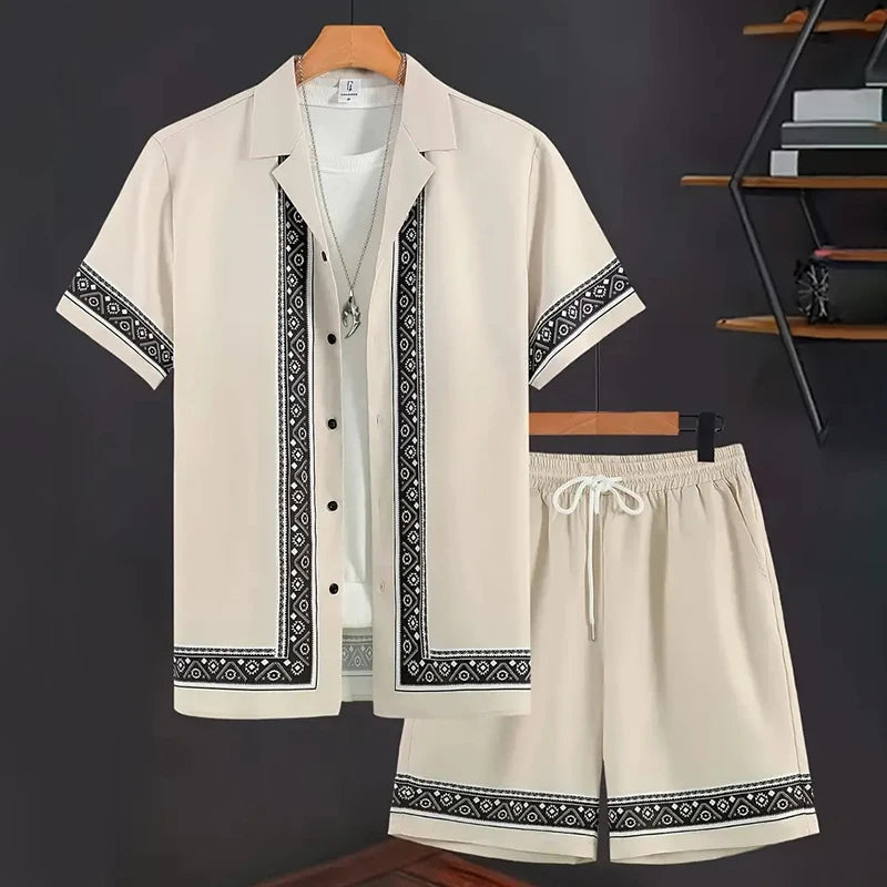 Men's Hawaiian Paisley Print Shirt & Drawstring Shorts Beach Party Set