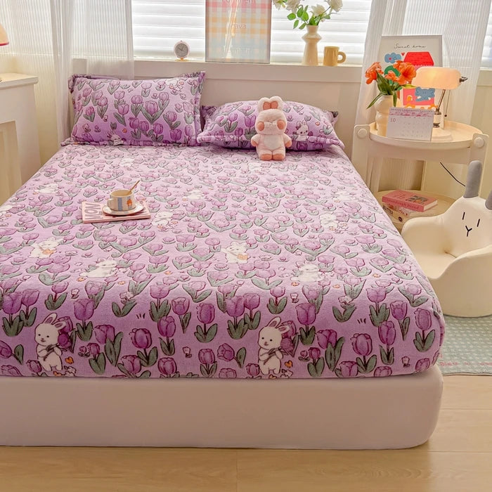 Flannel Fleece Fitted Bed Sheet – Warm Cartoon Purple, Elastic Single to King, Winter Bedsheet
