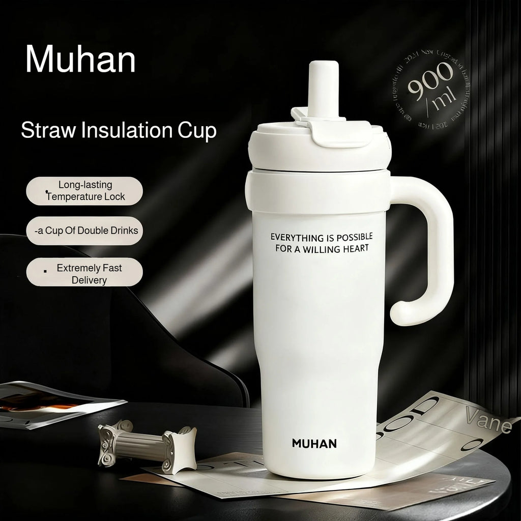 900ml Ceramic Interior Tumbler with Handle & Straw – 201 SS Shell, Dishwasher Safe, 24Hr Cold, Modern Minimalist, 3 Colors