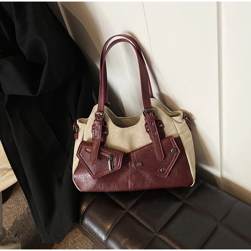 Retro Color-Block Satchel Shoulder Bag – European Style PU Leather Tote Handbag for Women