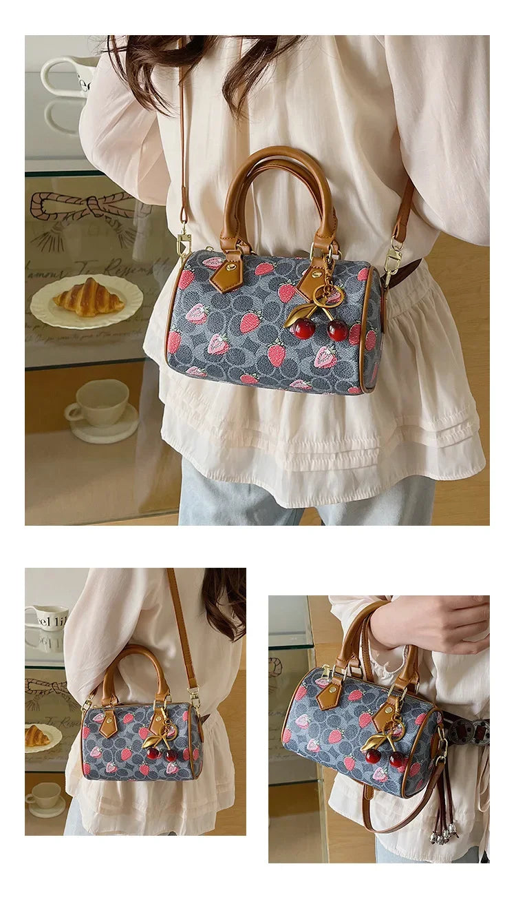 Cherry Print PU Leather Boston Crossbody Shoulder Bag – Luxury Designer Handbag for Women