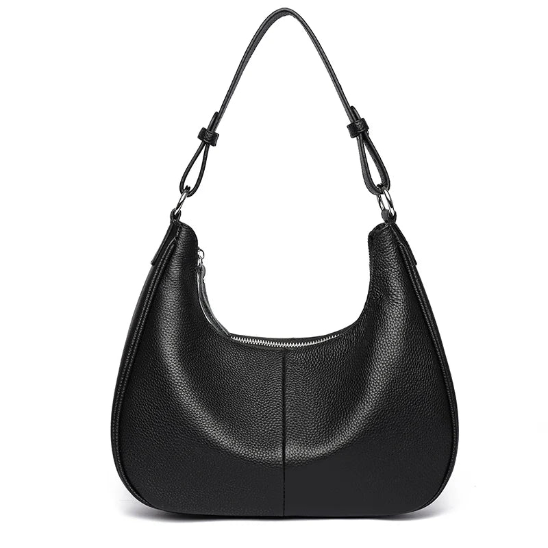 100% Genuine Cowhide Leather Half-Moon Underarm Tote Bag – Crossbody Shoulder Bag for Women