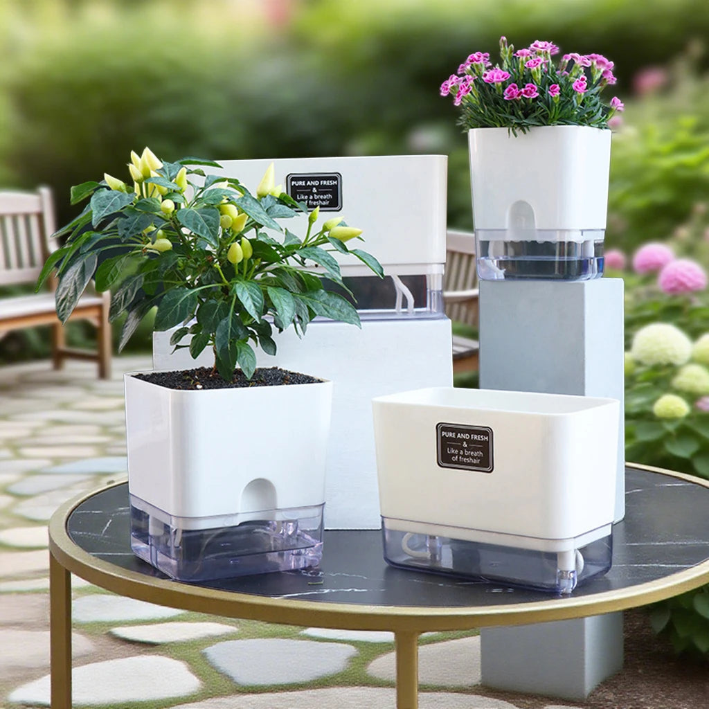 Double-Deck Self-Watering Planter Pot — Magnetic Plastic with Cotton Wick for Indoor & Garden Use