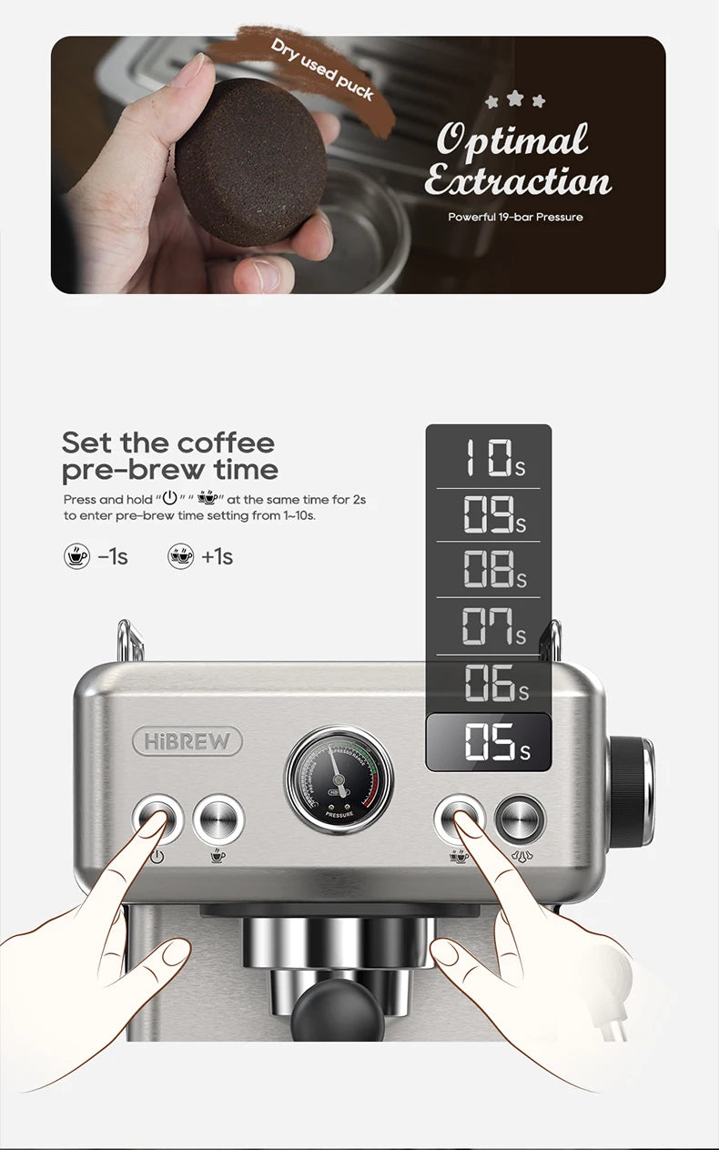 HiBREW H10A 20-Bar Semi-Automatic Espresso Machine | 58mm Portafilter, Temperature Control, Stainless Steel