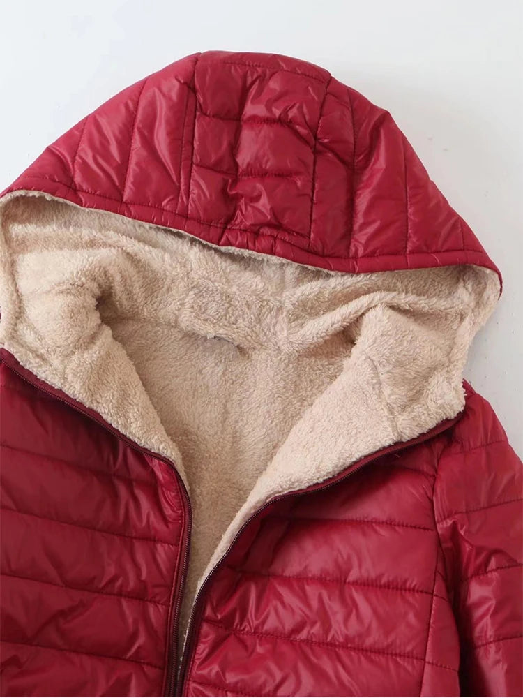 Korean Edition Hooded Women's Fleece Jacket – Mid-Length Warm Parka Coat