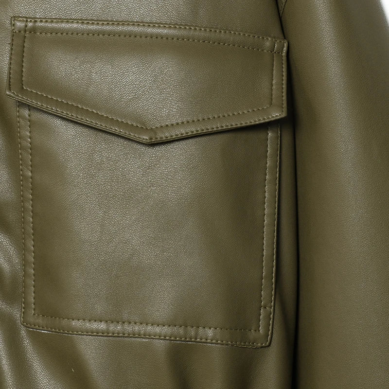 Women's Green Faux Leather Jacket – Zip-Front Streetwear