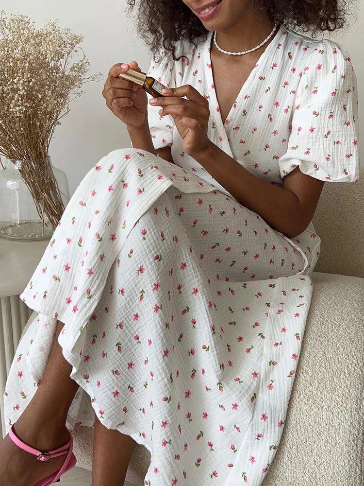 100% Cotton Floral A-Line Midi Dress — Elegant White Summer Dress with Side Slits