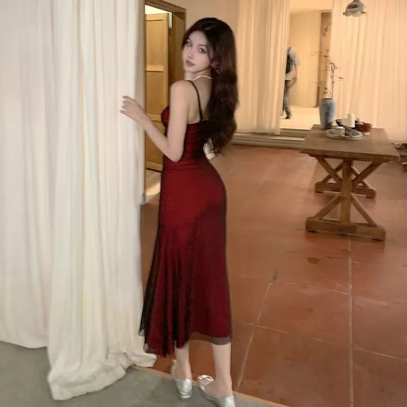 French Corset Maxi Dress — Wine Red Spaghetti Strap Ruched Elegant Evening Dress