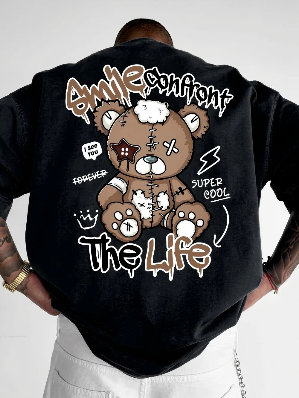 Men's Teddy Bear Letter Print T-Shirt — Breathable High Street Summer Tee