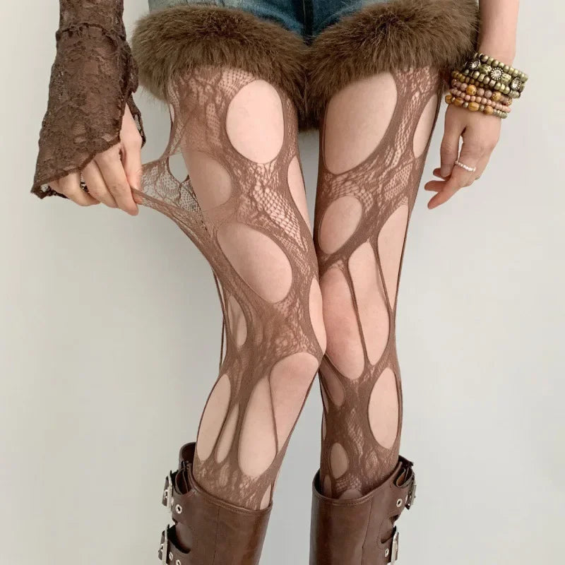 Gothic Fishnet Pantyhose – Ripped Lace Silk Stockings Y2K Punk Hollowed-Out Retro Tights